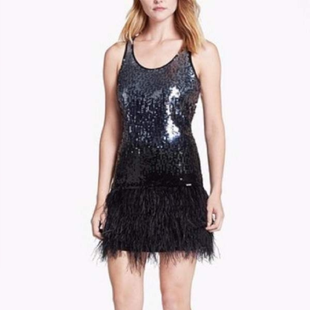 Michael Kors silver to black ombre sequin and feathers flapper tank dress